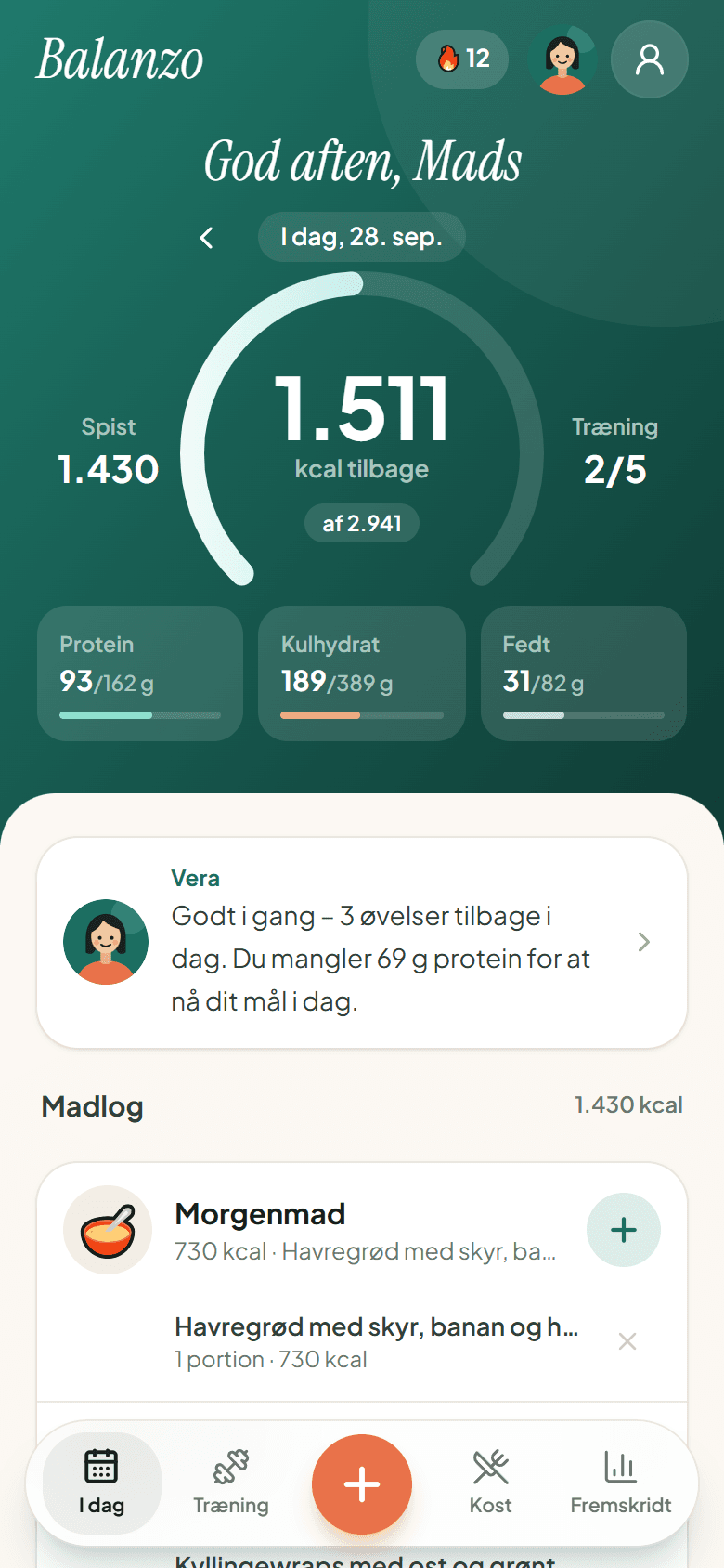 Dagbogen i Balsano med kalorier tilbage, makroer og dagens måltider